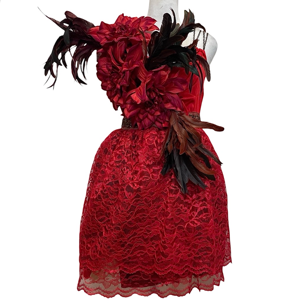Esley Red Feather Flower And Lace Maximalist Fit & Flare Mini Party Dress